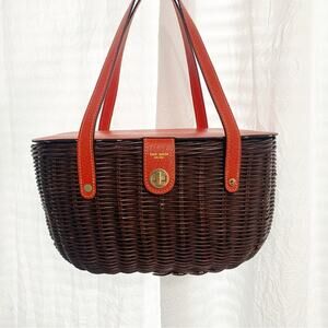Kate Spade Brown Orange Straw Wicker Purse PicNic Basket Tote